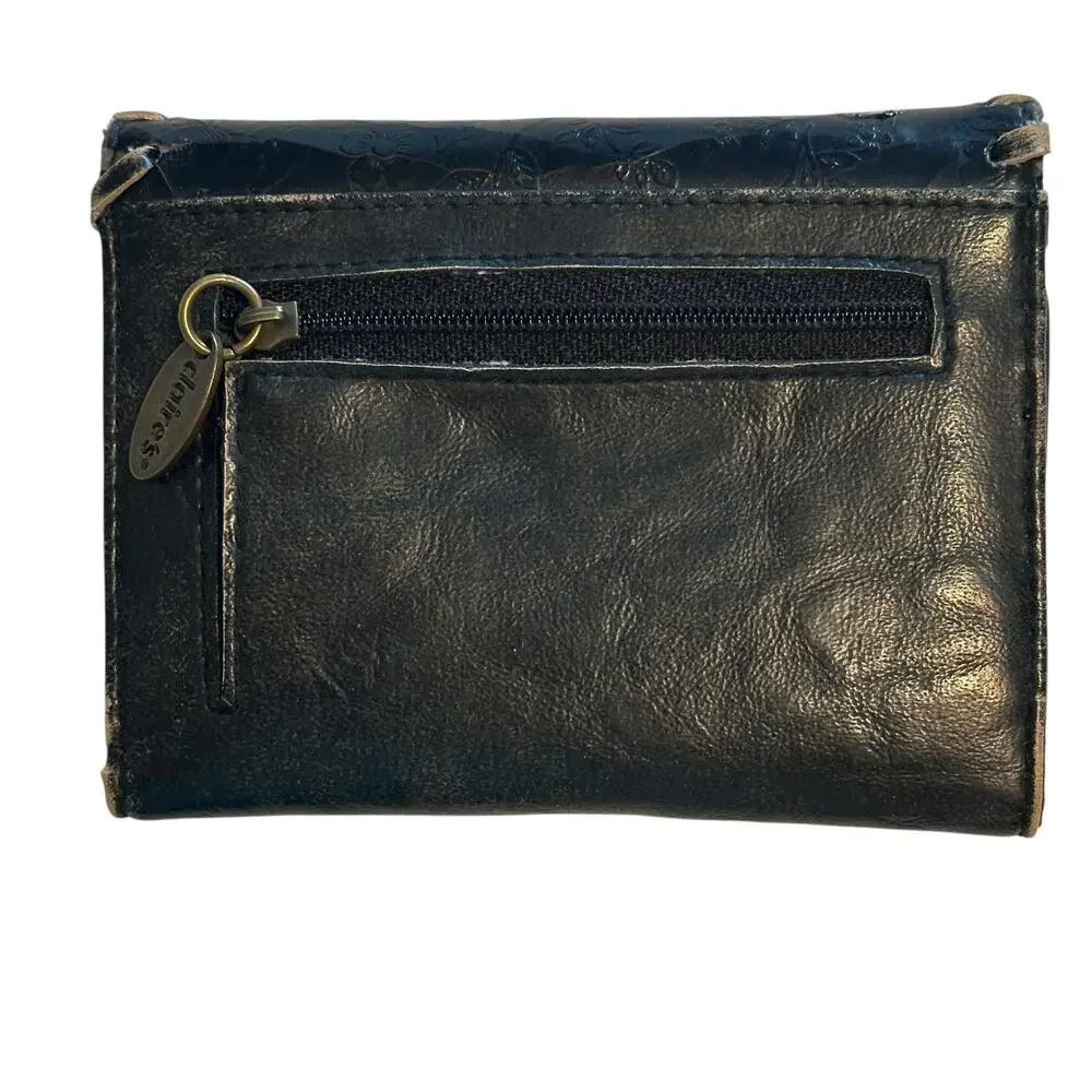 Claire's Black Floral Embossed Whipstitched Wallet Vegan Leather Trifold